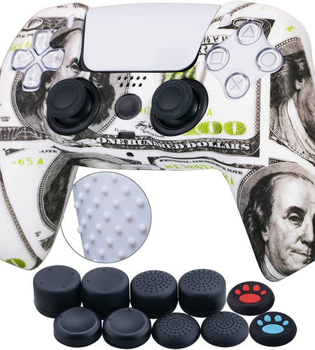 Water Transfer Printing Silicone Thickened Cover Skin Case for PS5 Dualsense Controller X 1(US Dollars) with Thumb Grips X 10