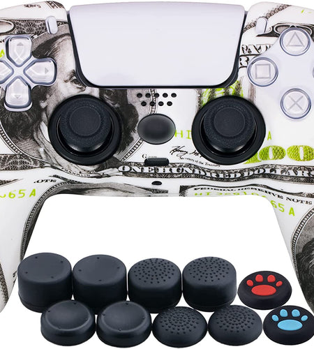 Water Transfer Printing Silicone Thickened Cover Skin Case for PS5 Dualsense Controller X 1(US Dollars) with Thumb Grips X 10