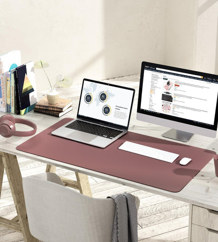 Non-Slip Leather Desk Pad L Size, Waterproof Laptop Computer Desk Keyboard Mat, Table Protector Blotter Mat, Large Mouse Pad for Office/Work/Home/Decor(Dark Pink, 35.4" X 17")